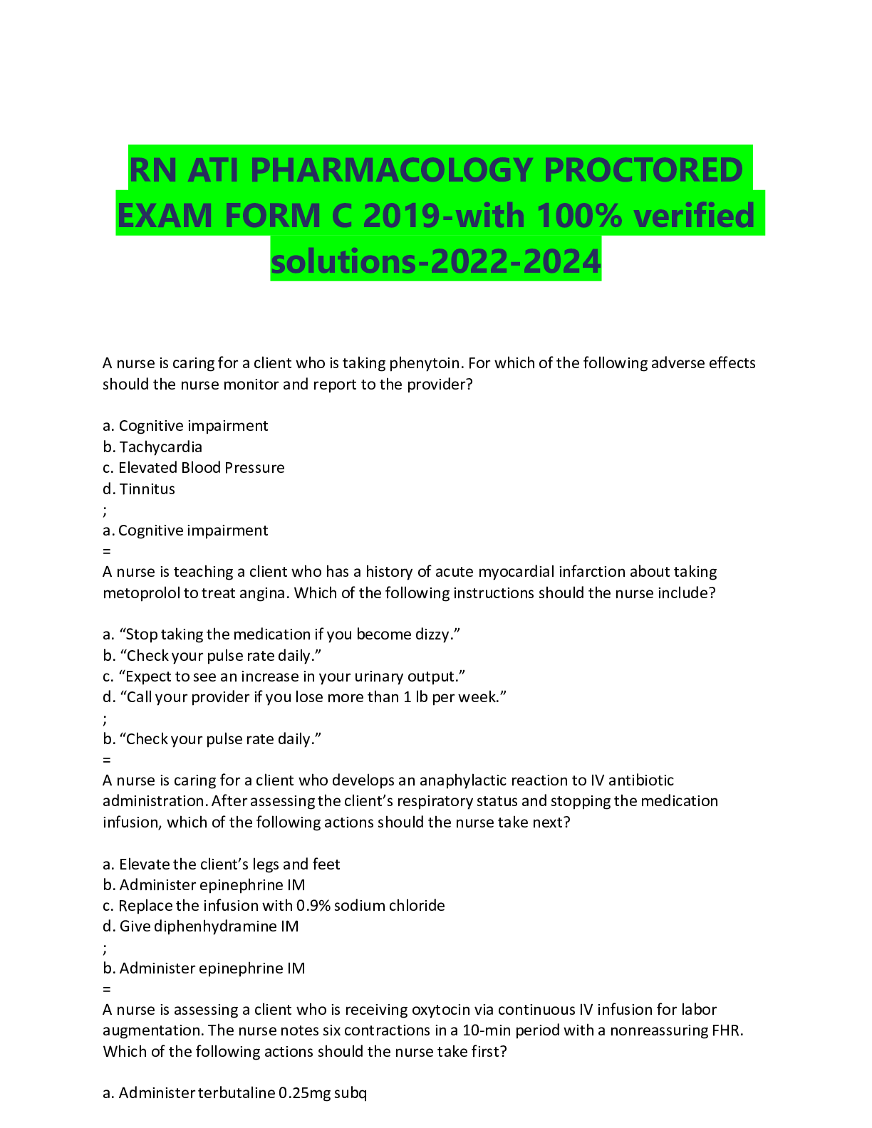 RN ATI PHARMACOLOGY PROCTORED EXAM FORM C 2019with 100 verified